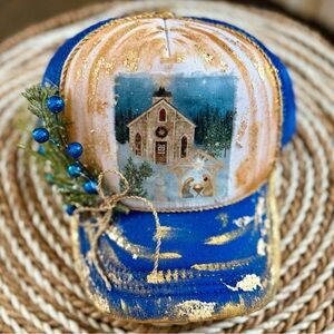 Blue and Gold Trucker Hat with Church Design